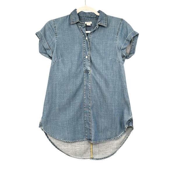 J.Crew‎ Light Blue Short Sleeve Button Curved Hem Chambray Denim Tunic Shirt XXS - Picture 1 of 7